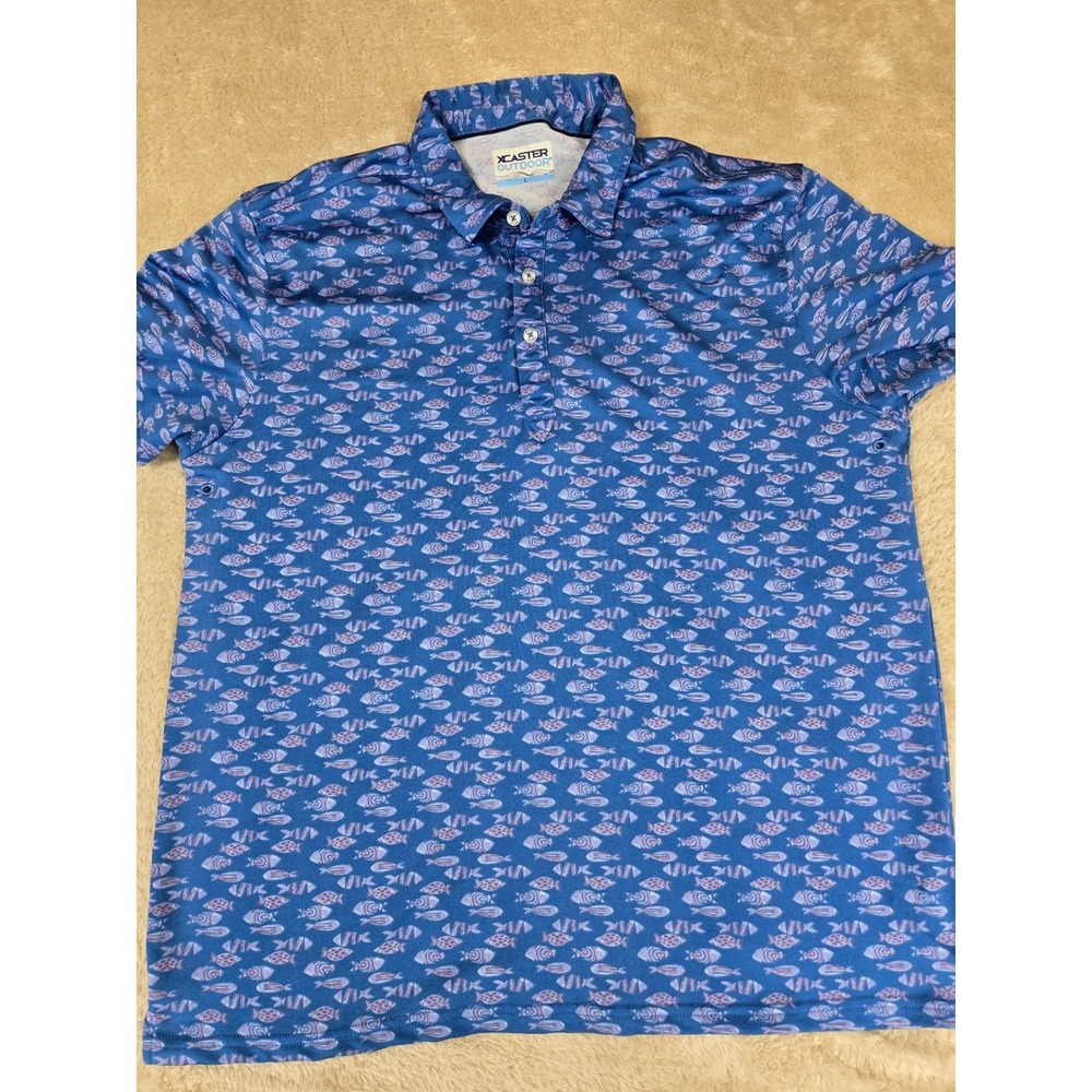 XCASTER OUTDOOR Mens‎ Blue Fish Print Golf Polo Shirt Size L Vented